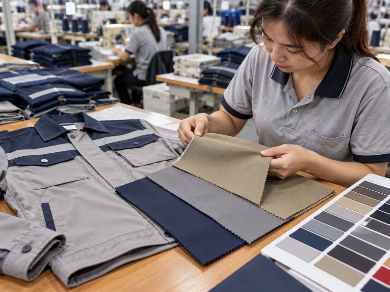 Chọn vải tại xưởng may quần áo bảo hộ Hà Nội