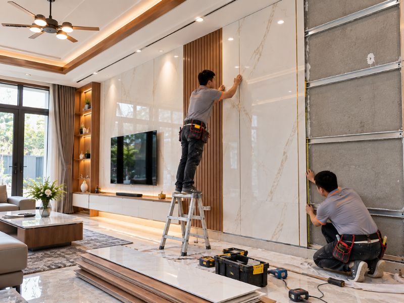 Thi công tường nhựa Nano phòng khách