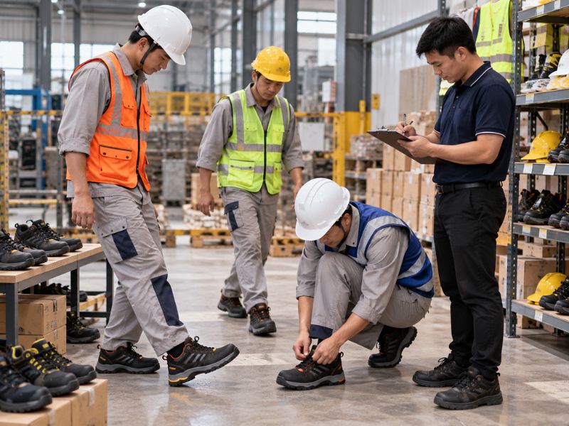 Thử size giày bảo hộ cho công nhân trước khi mua